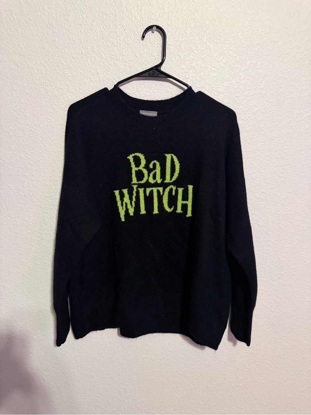 Vince Camuto Black Crewneck Sweater with Lime 'Bad Witch' Graphic